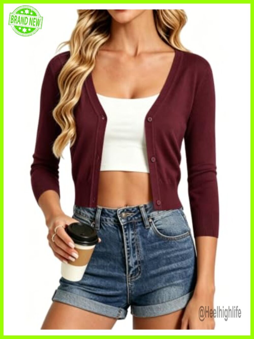 Cropped Cardigan 3/4 Sleeve Button Down Open Front Knit Sweater